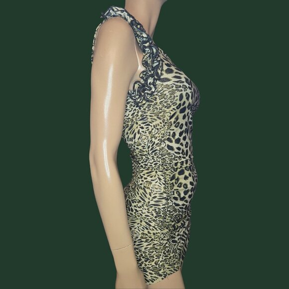 Y2K Leopard Print Mini Dress Size S One Shoulder Khaki Green Glitter Mcbling - Picture 7 of 9